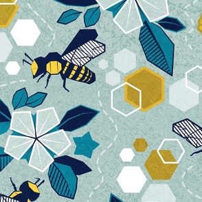 Large jumbo scale // Origami bee garden // duck egg green background geometric flowers yellow honey bees and hives 