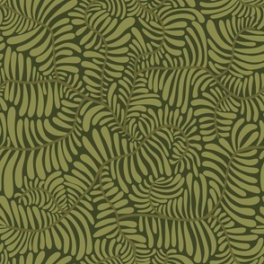 twisted foliage - in dark olive and muted green colors, curvy non-directiona groovy modern fancy fern leaves