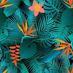 Night in Jungle- tropical jungle rainforest foliage and flowers, monstera, palm, fern leaves, hanging heliconia, bird of paradise, plumeria flowers