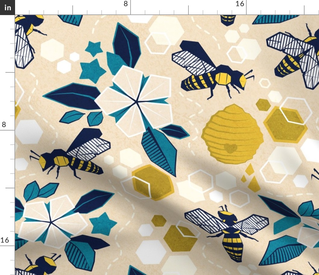 Normal scale // Origami bee garden // ivory background geometric flowers yellow honey bees and hives 