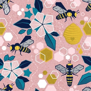Blank Quilting Fabric - Folk Garden Bee Geometric