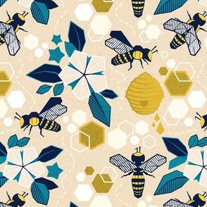 Small scale // Origami bee garden // ivory background geometric flowers yellow honey bees and hives 