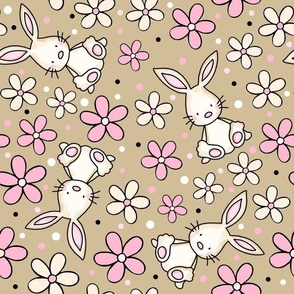 Large Scale Spring Bunnies and Daisy Flowers Pink Ivory and Tan