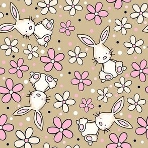 Medium Scale Spring Bunnies and Daisy Flowers Pink Ivory and Tan