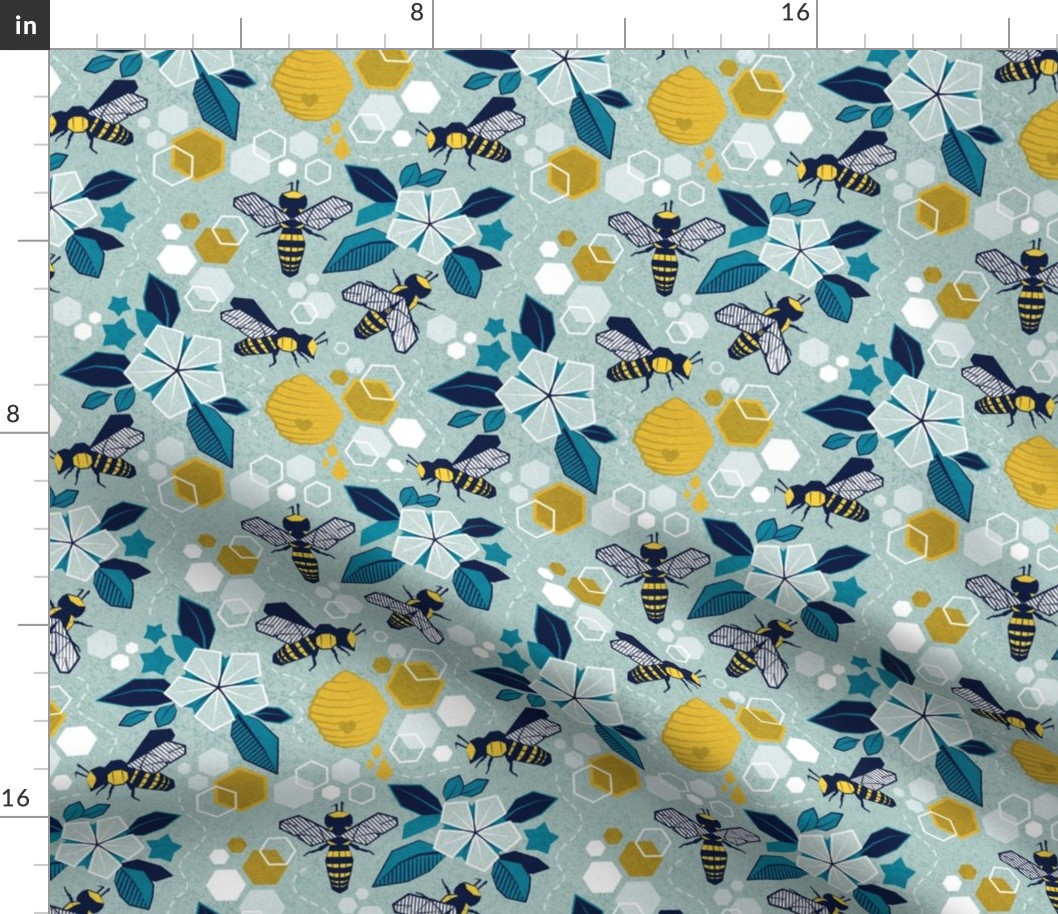 Small scale // Origami bee garden // duck egg green background geometric flowers yellow honey bees and hives 