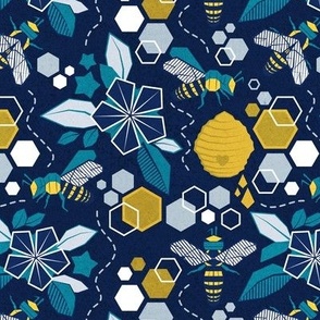 Small scale // Origami bee garden // navy blue background geometric flowers yellow honey bees and hives 