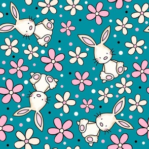 Large Scale Spring Bunnies and Daisy Flowers Pink Ivory and Turquoise