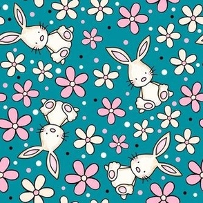 Medium Scale Spring Bunnies and Daisy Flowers Pink Ivory and Turquoise