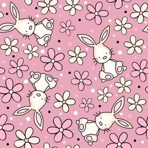 Large Scale Spring Bunnies and Daisy Flowers Pink Ivory and Dusty Mauve