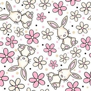 Medium Scale Spring Bunnies and Daisy Flowers Pink Ivory and White