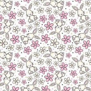 Small Scale Spring Bunnies and Daisy Flowers Pink Ivory and White