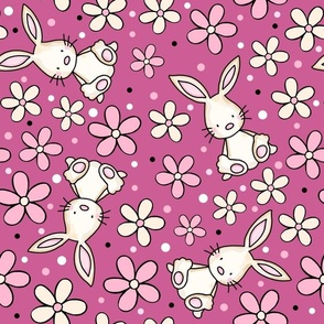 Large Scale Spring Bunnies and Daisy Flowers Pink Ivory and Raspberry