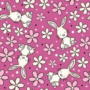 Medium Scale Spring Bunnies and Daisy Flowers Pink Ivory and Raspberry