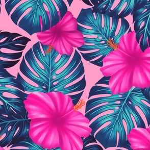 Monstera and Hibiscus, blue teal and pink on pink large