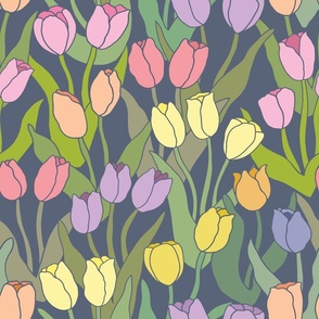 Colorful hand drawn Spring tulip flowers allover floral print on a dark blue background