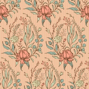 Botanical Italian Villa Wallpaper in muted peachy pink coral sage green mint pastels, with wild grass wildflowers, ticking foliage on a vintage retro stripe background 