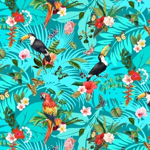 Tropical Paradise on Teal Turquoise Backdrop (Fashion/Quilting)