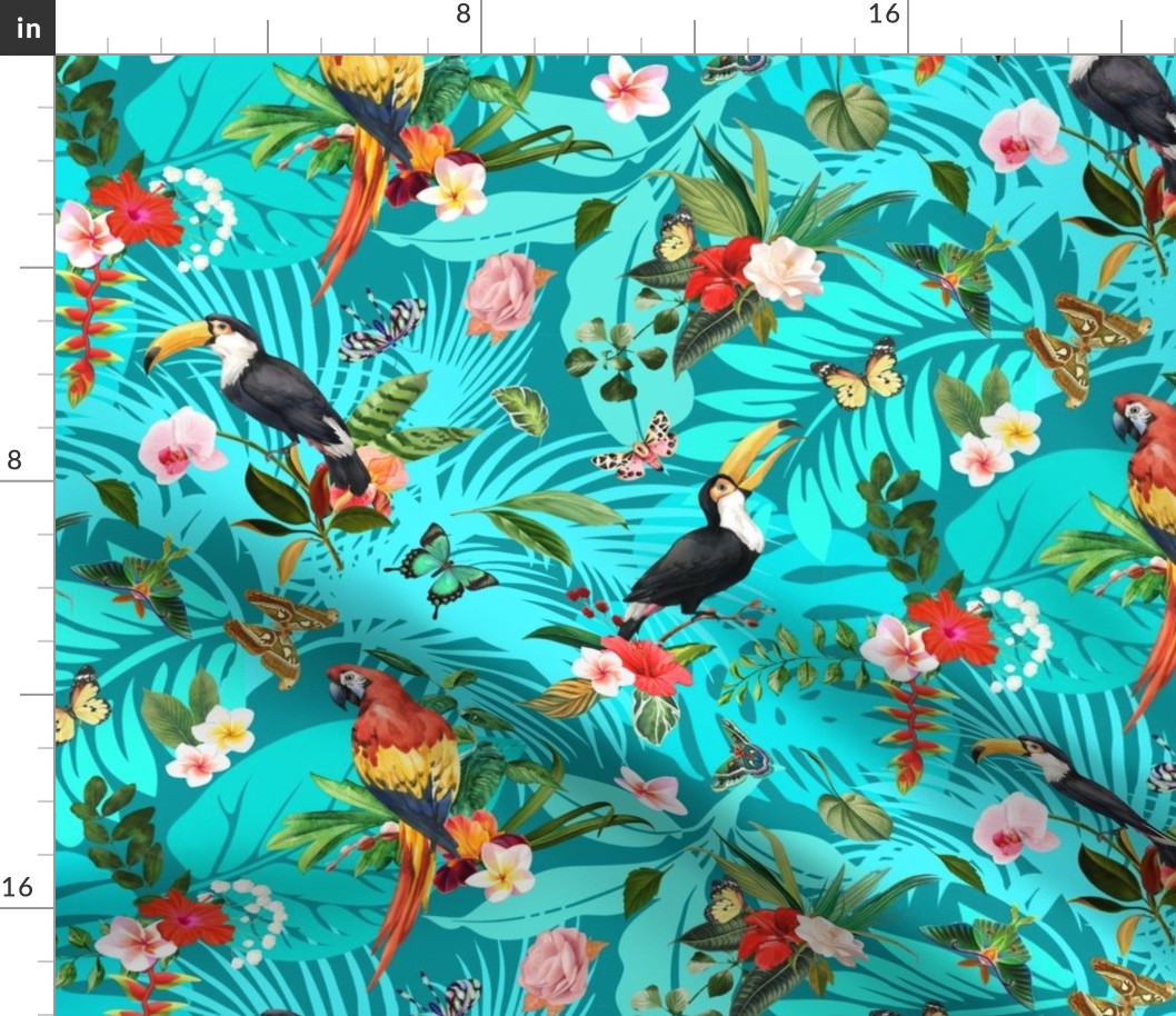 Tropical Paradise on Teal Turquoise Backdrop (Fashion/Quilting)