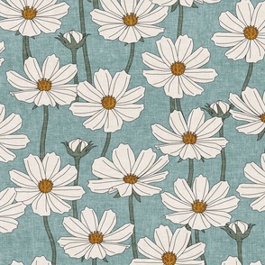 (large scale) Cosmos Floral - cream on dusty blue  - floral home decor - LAD23