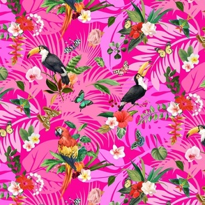 Tropical Paradise on Pink Backdrop (Fashion/Quilting)