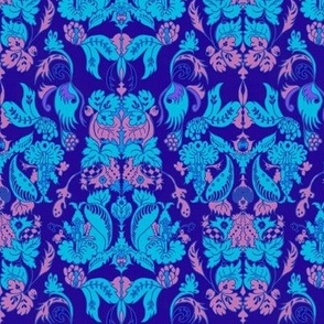 Vintage damask Rococco pink,  blue on indigo  blue  linen effect 6” repeat