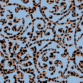 Leopard Print Scroll Damask, Blue