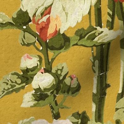 Holly Hock Antique Grunge Textured Historical Large vintage floral on gold mustard yellow Wallpaper and Home decor