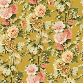 Holly Hock Antique Grunge Textured Historical Large vintage floral on gold mustard yellow Wallpaper and Home decor