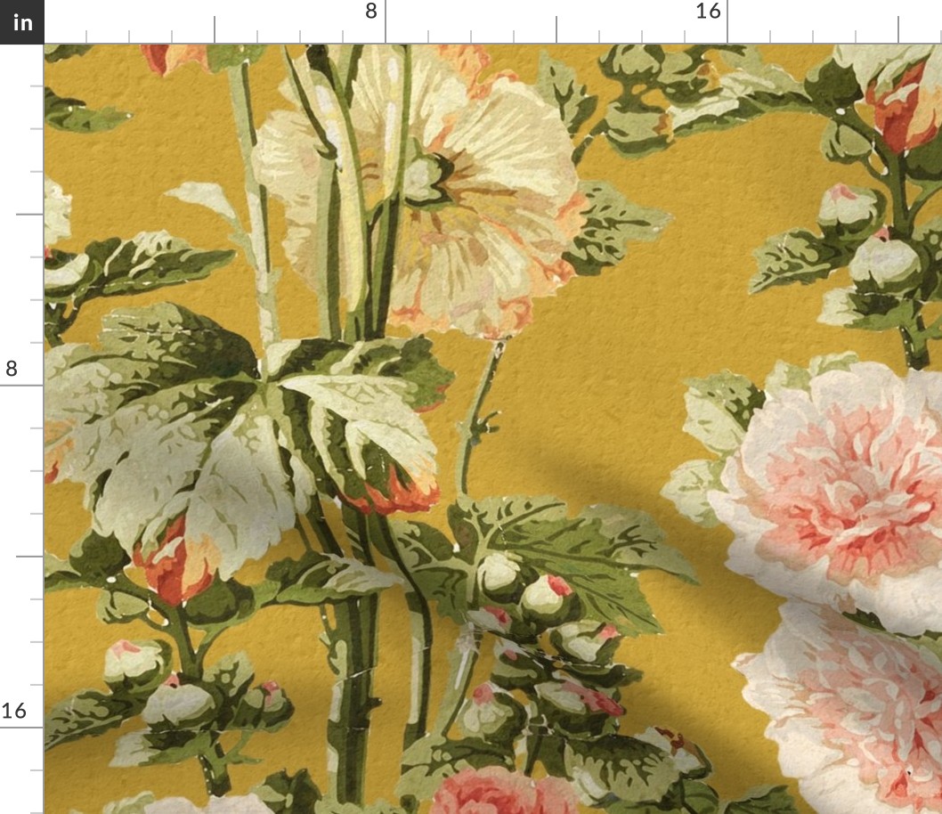 Holly Hock Antique Grunge Textured Historical Large vintage floral on gold mustard yellow Wallpaper and Home decor