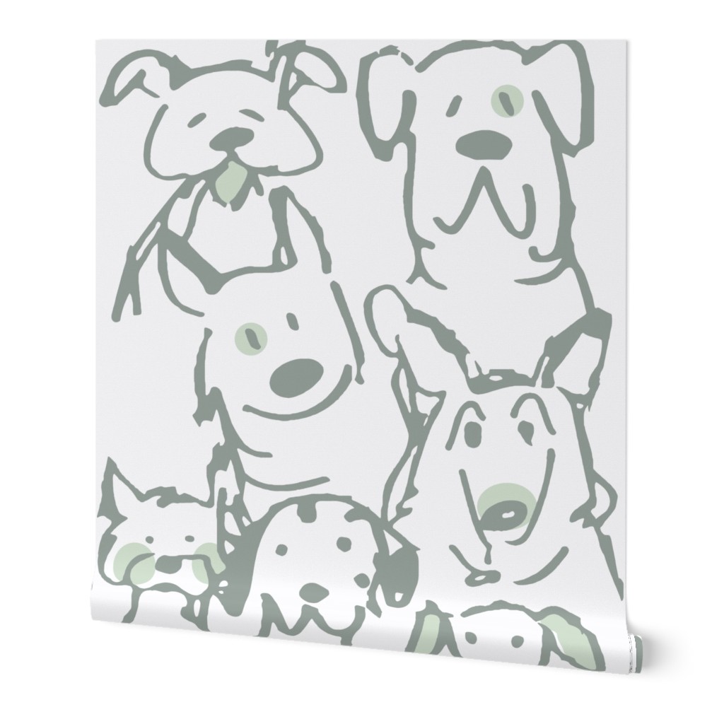 Doodle Dogs_ Blends with Sherwin Williams Taiga Sage Green, 24 x 48 inch repeat scale