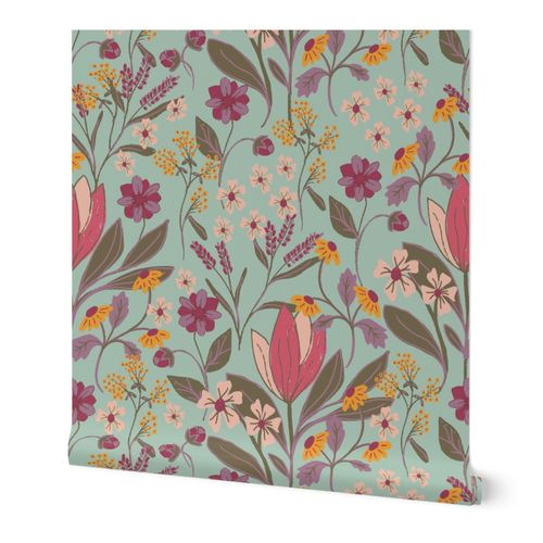Olivia Floral Pink Purple and Gold on Light Blue-01