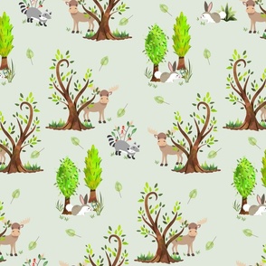 XL Forest Moose and Friends (honeydew)  Kids Camp Fabric - 24" repeat