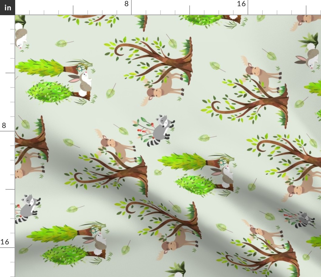 XL Forest Moose and Friends (honeydew)  Kids Camp Fabric - 24" repeat ROTATED