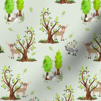 12" Forest Moose and Friends (honeydew)  Kids Camp Fabric, 12" repeat
