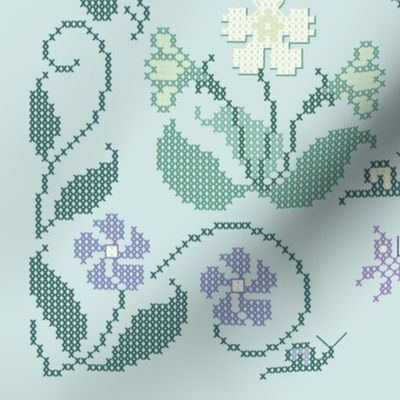  Cross-stitch garden flower sampler embroidery pattern and cheater fabric on pale seafoam - look at swatch view to see stitches