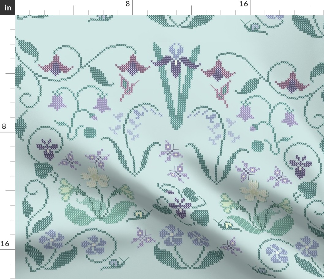  Cross-stitch garden flower sampler embroidery pattern and cheater fabric on pale seafoam - look at swatch view to see stitches