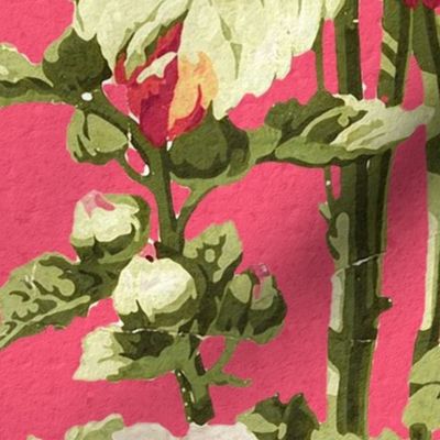 Holly Hock hot pink updated Antique Grunge Textured Historical Large floral on magenta, hot pink Wallpaper and Home decor