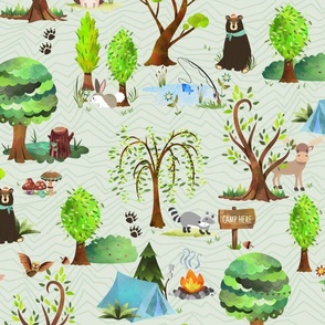 XL Big Bear Camp Adventures (honeydew) Kids Camping Forest Fabric, 24" repeat