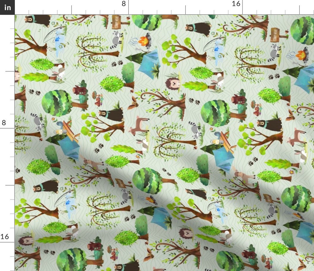 12" Big Bear Camp Adventures (honeydew) Kids Camping Forest Fabric, 12" repeat ROTATED