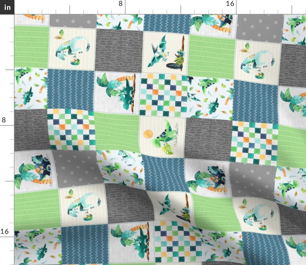 3" Dinosaur Quilt – Dino Cheater Quilt, Dinosaur Blanket,  Dinosaur Bedding, Boy Nursery Dinos, blue green teal ROTATED