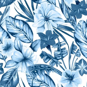 Blue Summer Tropical flowers and leaves M