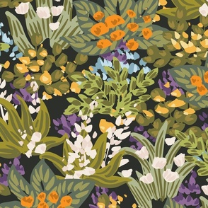 Dense floral meadow -sage green, forest green, black, lilac and orange // Big scale