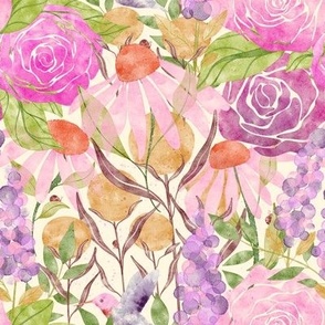 Garden Delight||MEDIUM||Watercolor roses, echinacea, whimsical florals in shades of pink and purple, orange, gold, brown, green with hummingbird and ladybugs on soft yellow background