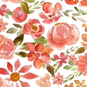 coral watercolor florals on white
