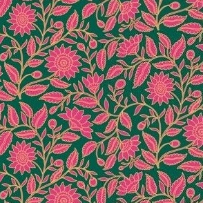 Hot Pink Indian Florals,Dark Emerald Background