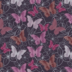 Purple and Pink Butterfly Insect with White Flowers and Dark Indigo Background