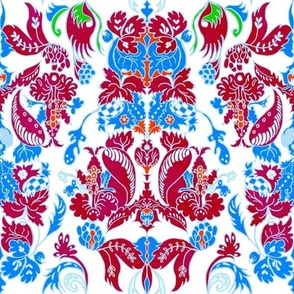 Vintage damask Rococco red and blue on white linen effect 12” repeat