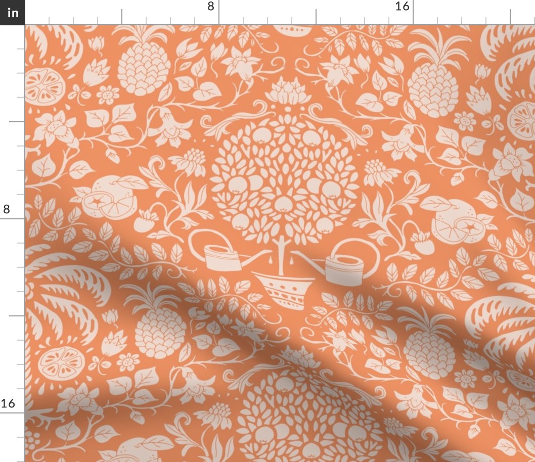 orange tree and palm garden damask on peach | medium