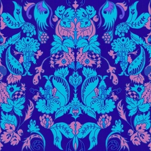 Vintage damask Rococco pink,  blue on indigo  blue  linen effect 12” repeat
