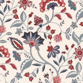 Indian Garden | Floral in indigo and red on cream | 24